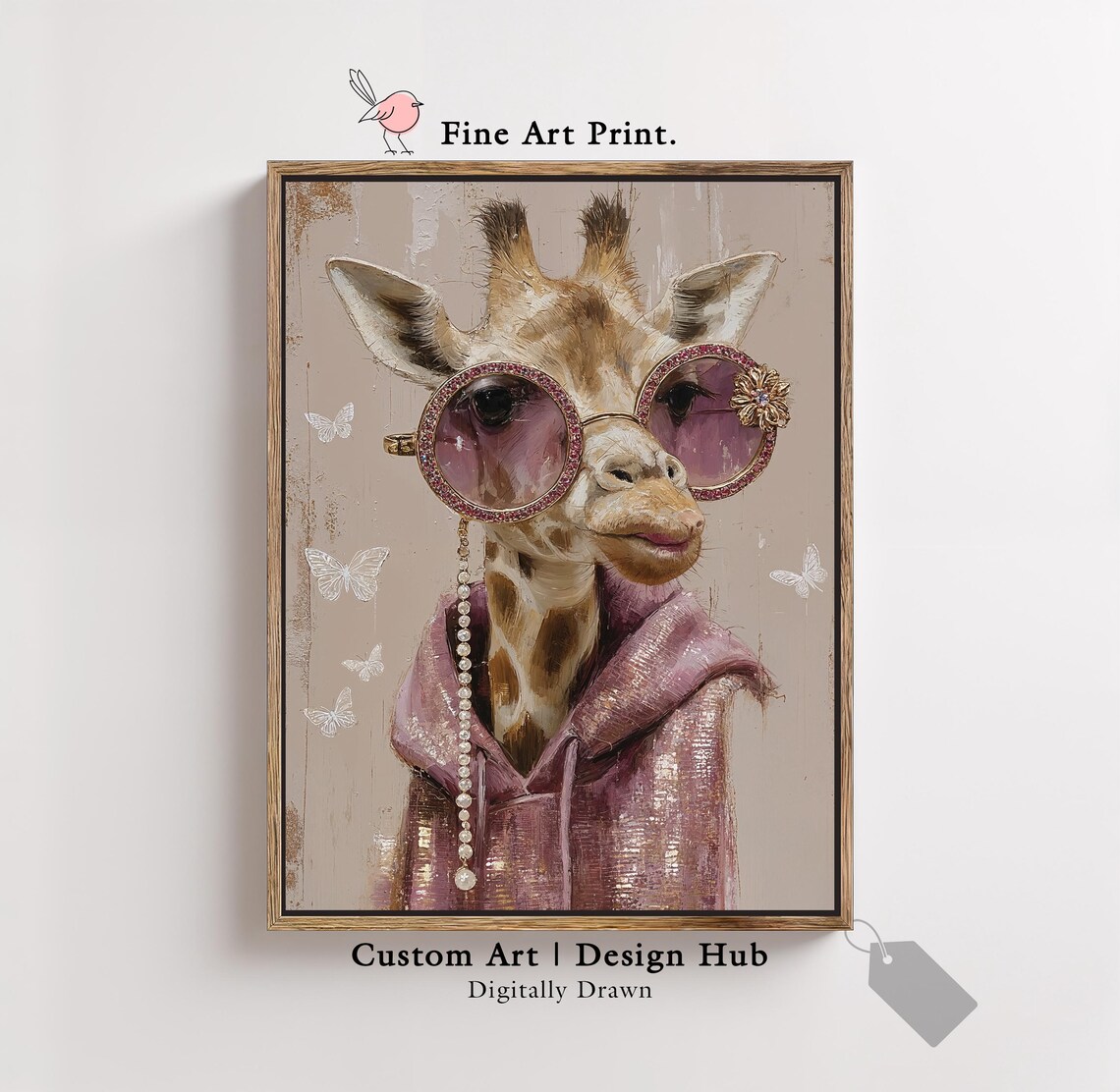 Funny Fashionable Giraffe In Pink Sunglasses And Hoodie Wall Art