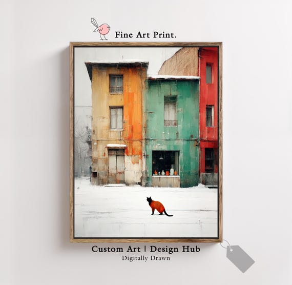 Orange Cat in Snow Past Colorful Buildings Winter Art Poster