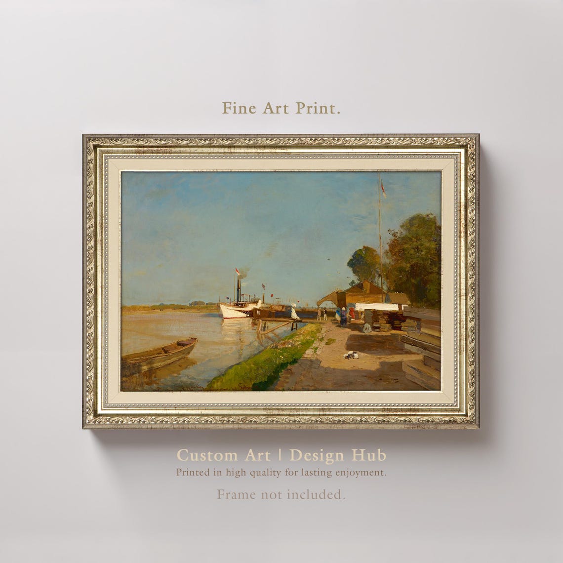 Classic Vintage River Harbor Steamboat Dock Coastal Scene Print