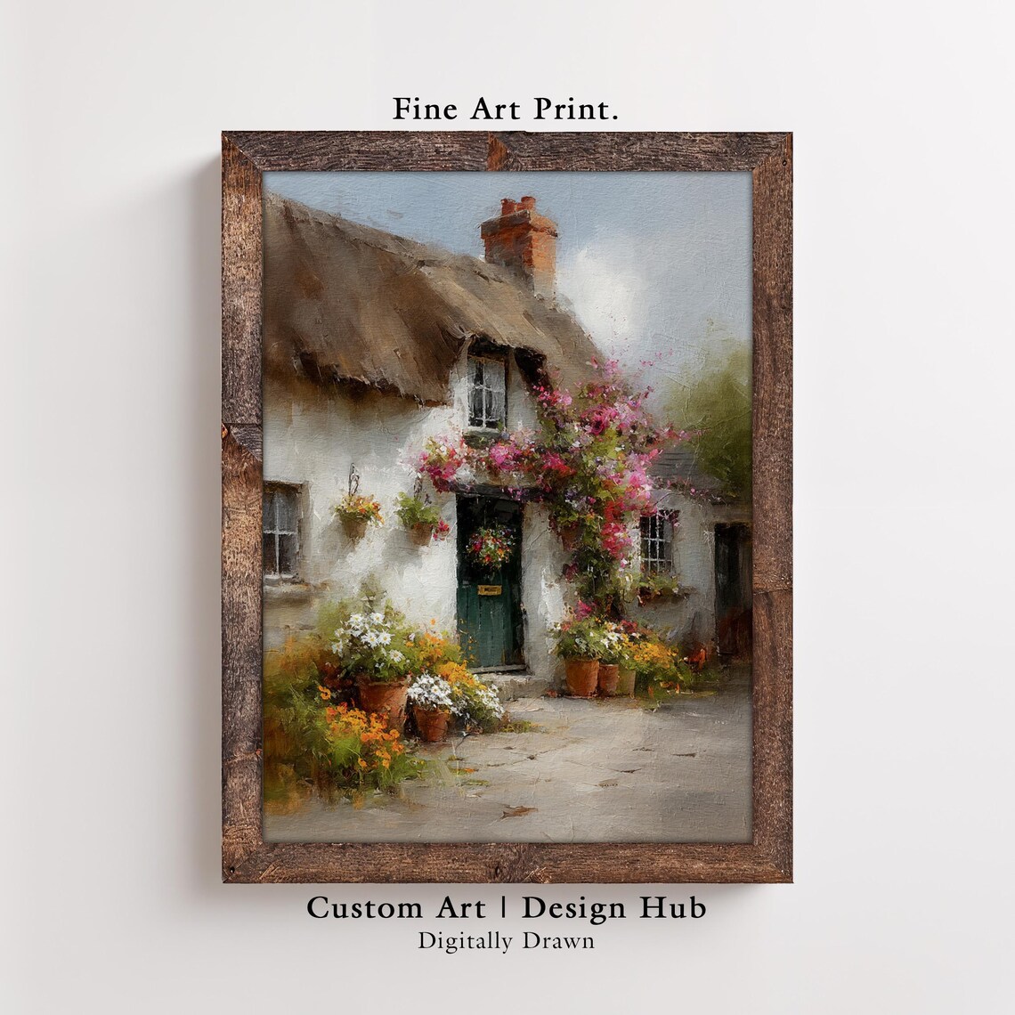 English Cottage Garden Thatched Roof Flowers Charming Art Print
