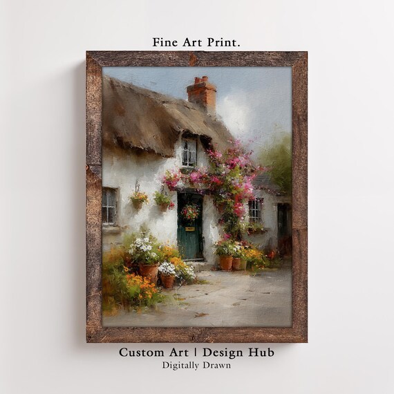 English Cottage Garden Thatched Roof Flowers Charming Art Print