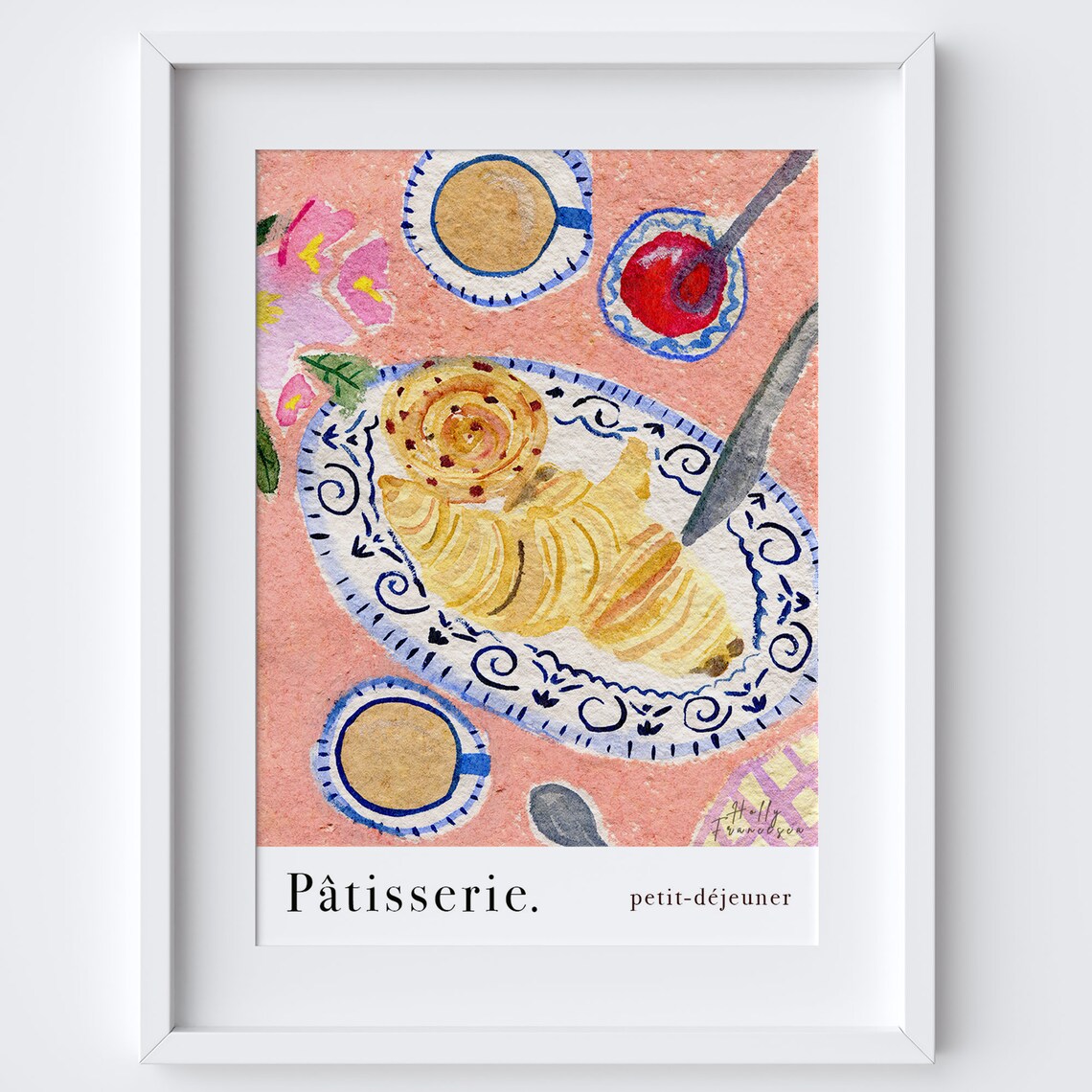 French Patisserie Watercolor Art Print, Brunch Kitchen