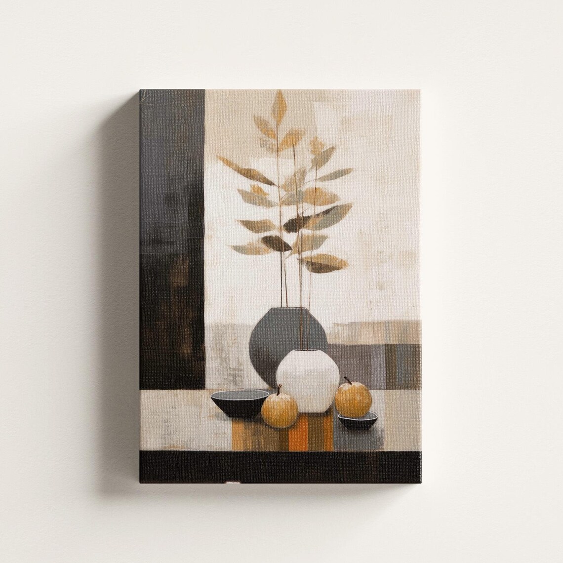 Neutral Still Life Vase Golden Leaves Fruits Modern Abstract Wall Art