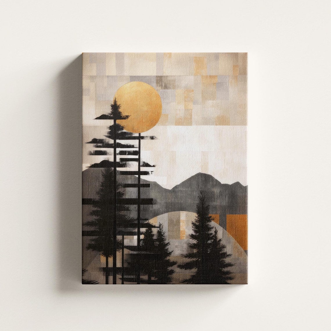 Golden Sun Pine Silhouettes Geometric Abstract Mountain Wall Art