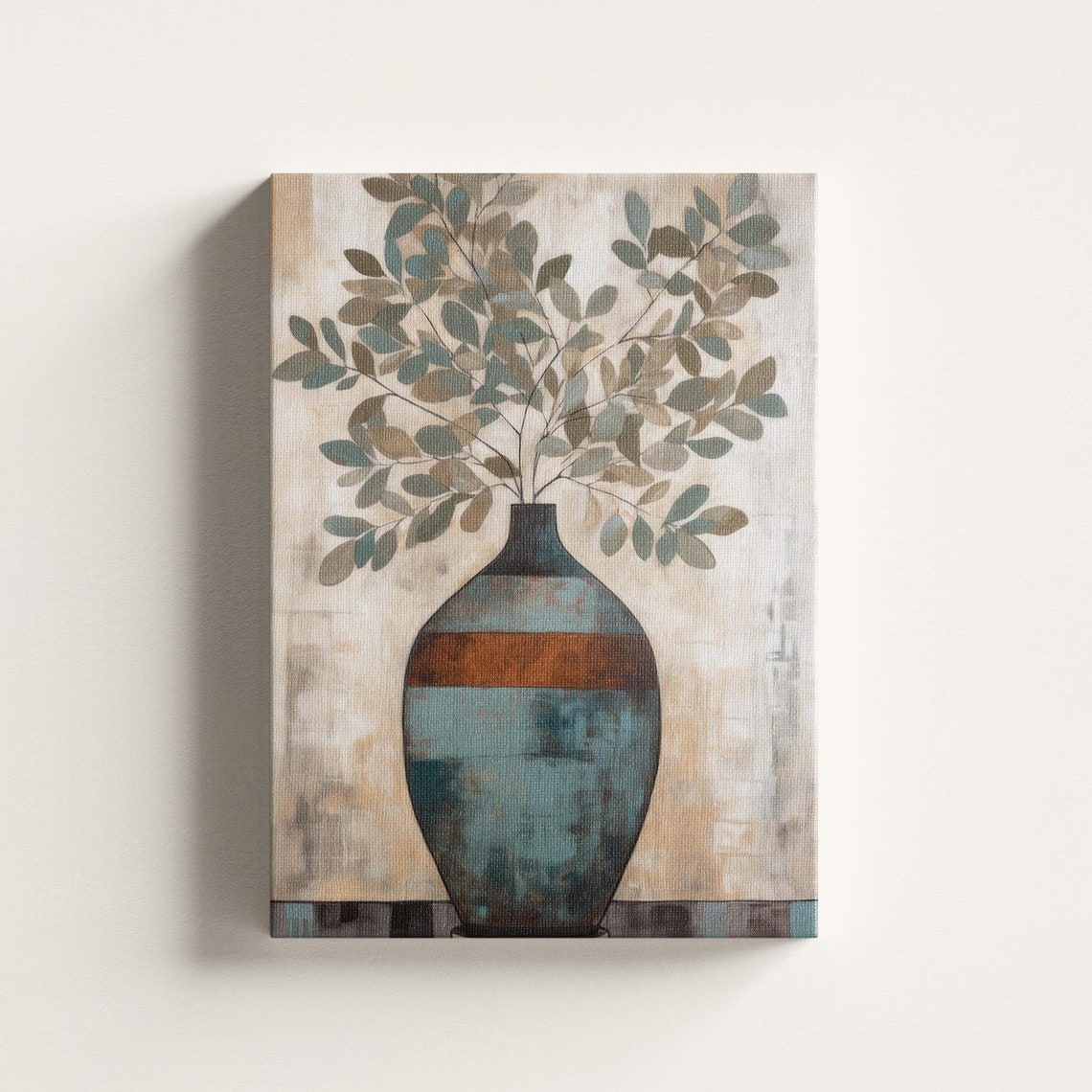 Blue Ceramic Vase Eucalyptus Stems Minimalist Modern Wall Art