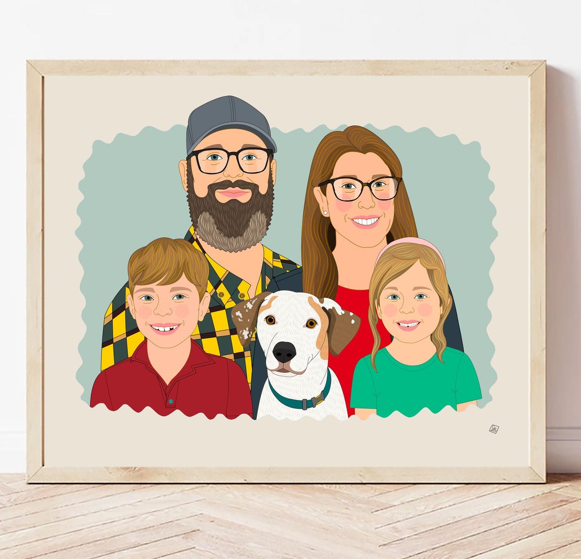 Family of Four With Dog Scalloped Edge Custom Portrait Poster