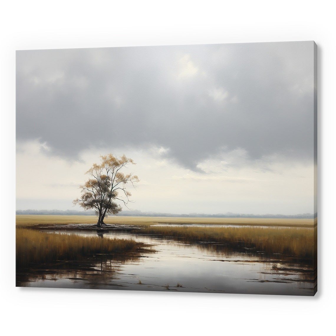 Lonely Tree By The River Moody Stormy Sky Reflection Vintage Poster