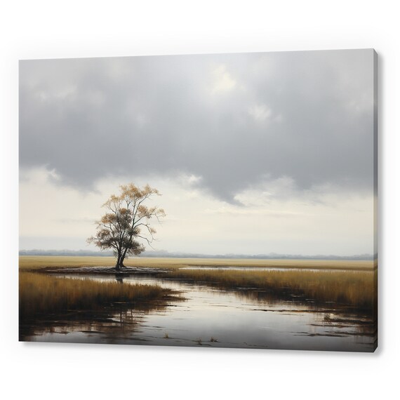 Lonely Tree By The River Vintage Landscape Antique Countryside Print Moody Painting Print Living Room Wall Art Farmhouse Decor