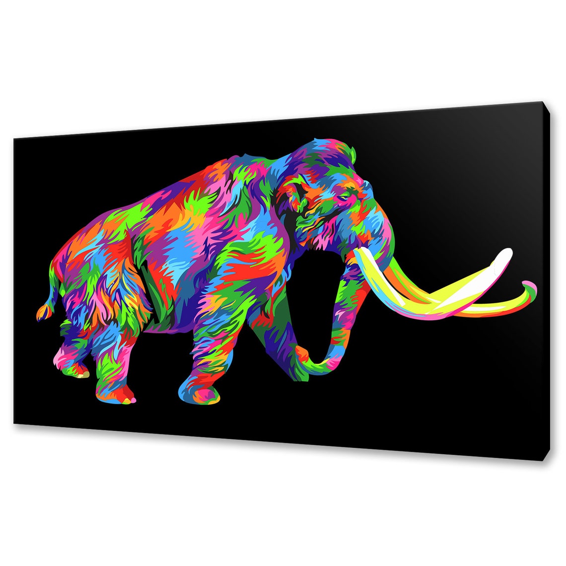 Colourful Pop Art Woolly Mammoth Rainbow Tusks Black Background Poster