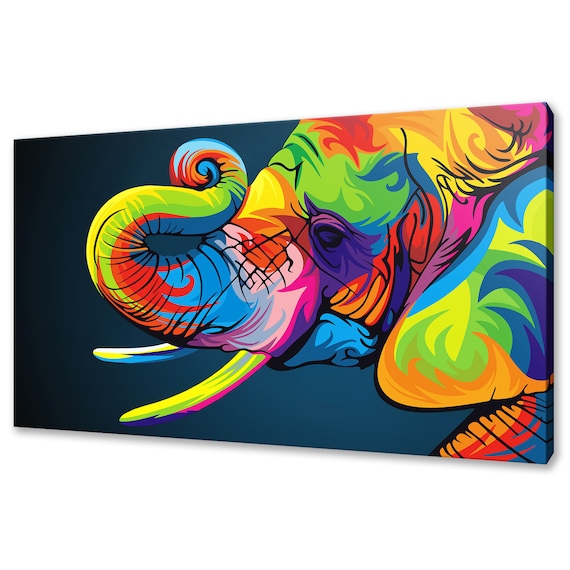 Pop Art Rainbow Elephant Head Curled Trunk Side View Canvas Wall Poster