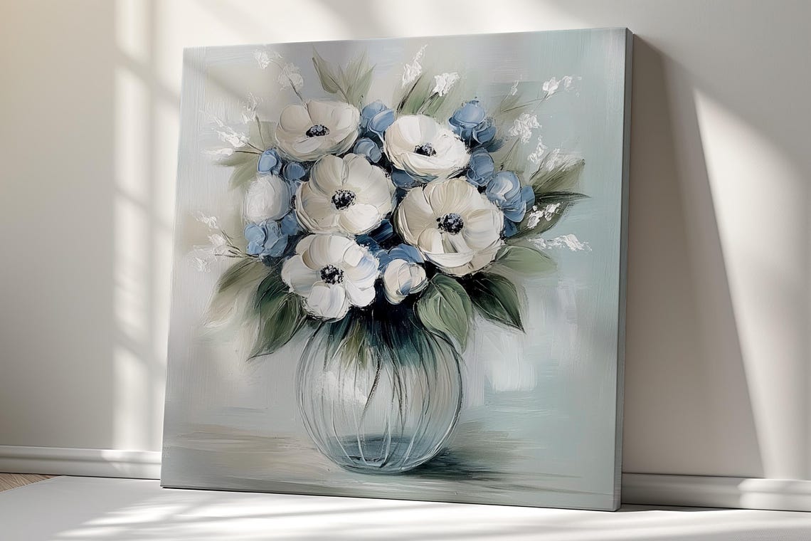 Beautiful Bouquet Of White Anemone Flowers Vintage Oil Painting Print Wall Hanging Living Room Decor Modern Design Floral Art Print - Image 3