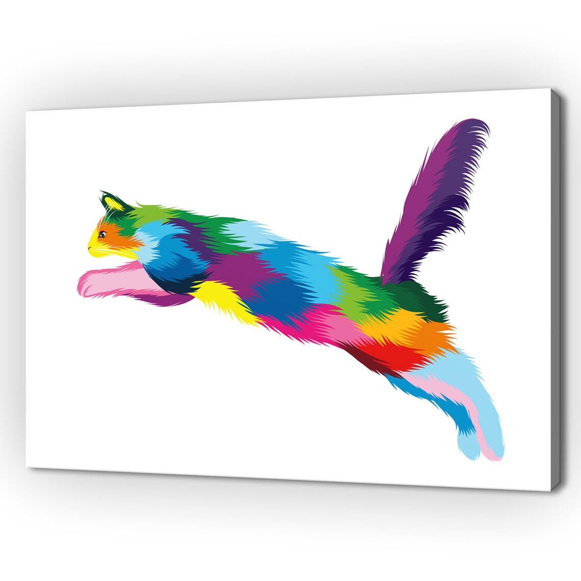 Leaping Rainbow Cat Colourful Fur White Background Playful Kitten Poster
