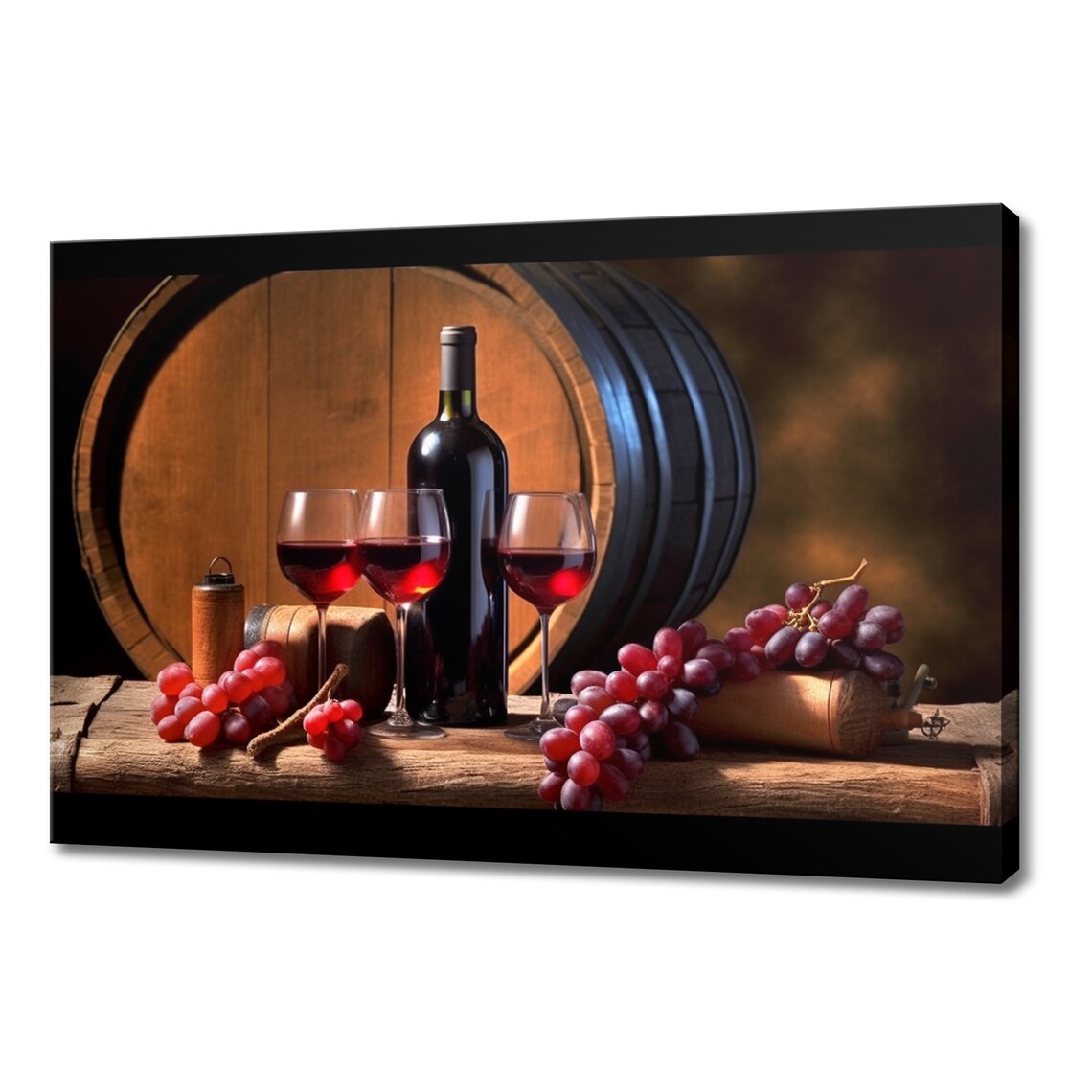 Red Wine Bottle Three Glasses Grapes Barrel Still Life Poster