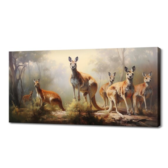 Kangaroo Family Misty Forest Golden Light Realistic Wildlife Poster