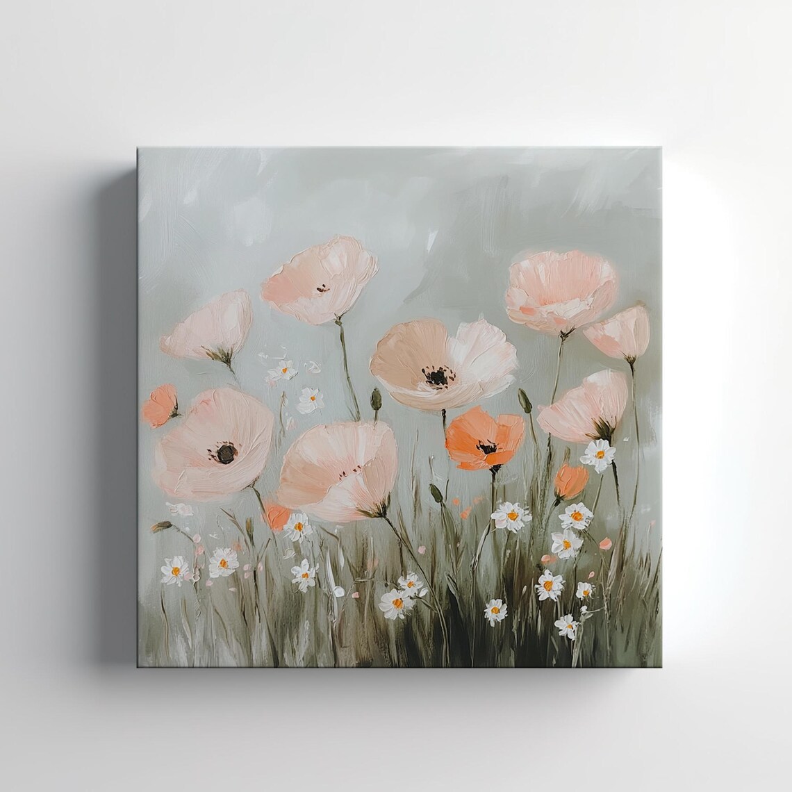 Peach Poppy Flowers With White Daisies Soft Botanical Painting Poster - Image 4