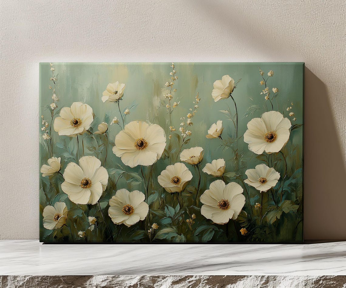 Beautiful White Anemone Flowers Vintage Painting Print Nature Floral Art Print Living Room Botanical Wall Art Farmhouse Decor Art