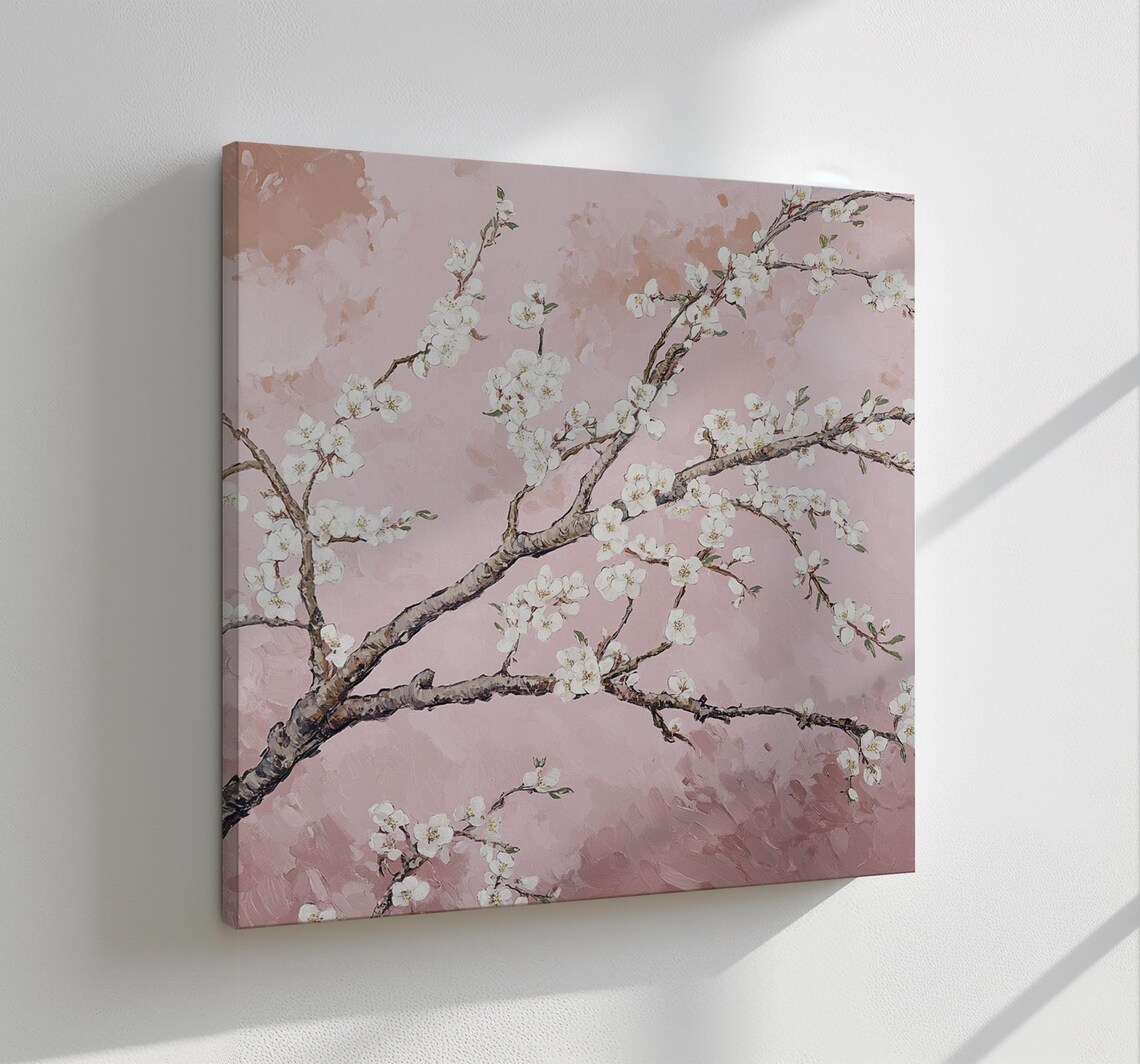 Almond Blossom Branch Pink Sky Van Gogh Style Floral Oil Painting Print