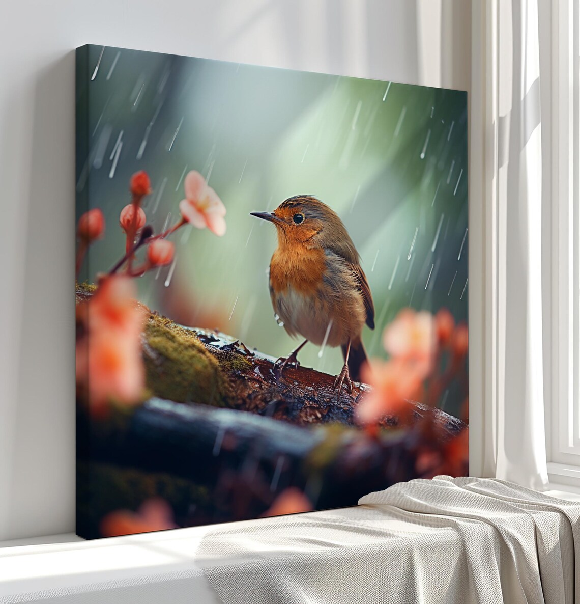 European Robin Bird Rain Mossy Log Pink Blossoms Delicate Photo Poster
