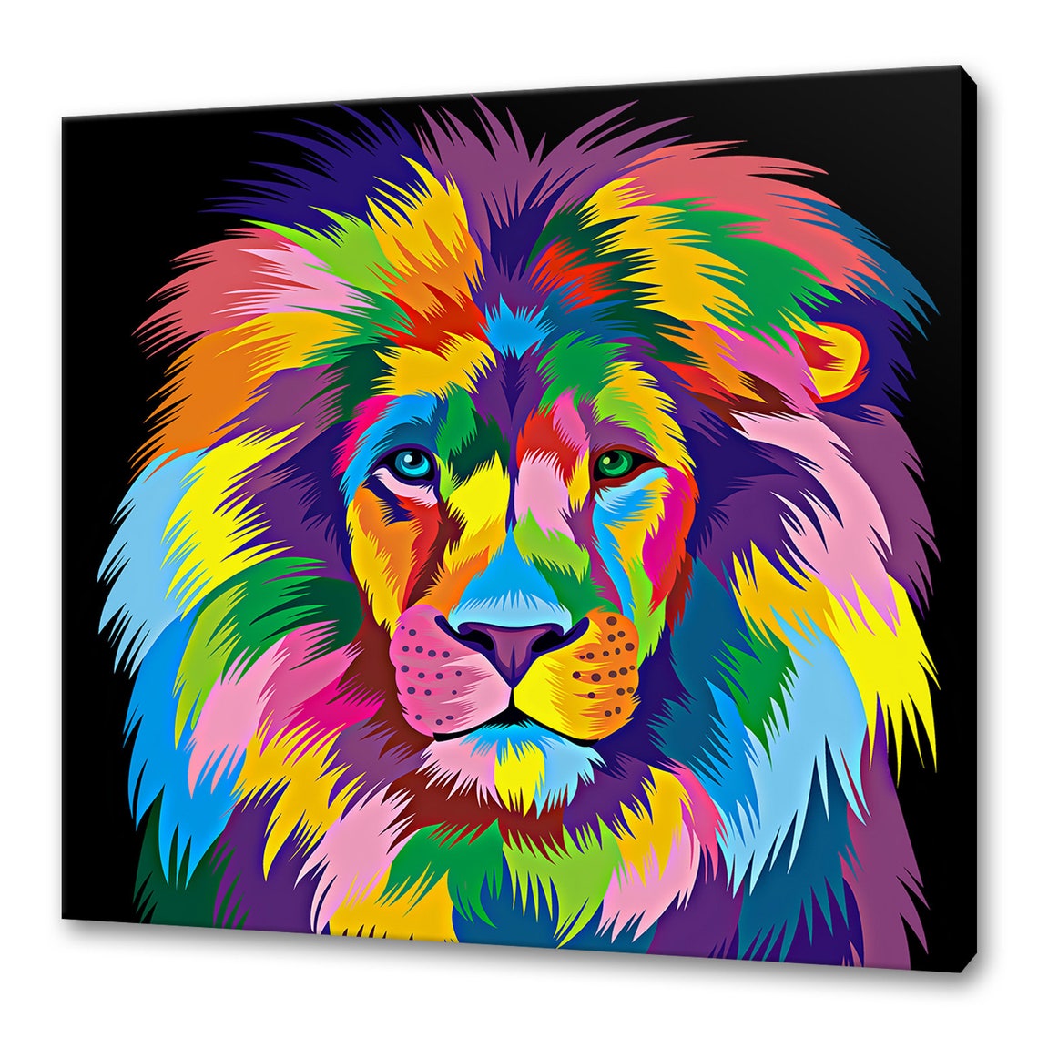 Rainbow Lion Head Pop Art Portrait Bold Black Background Poster