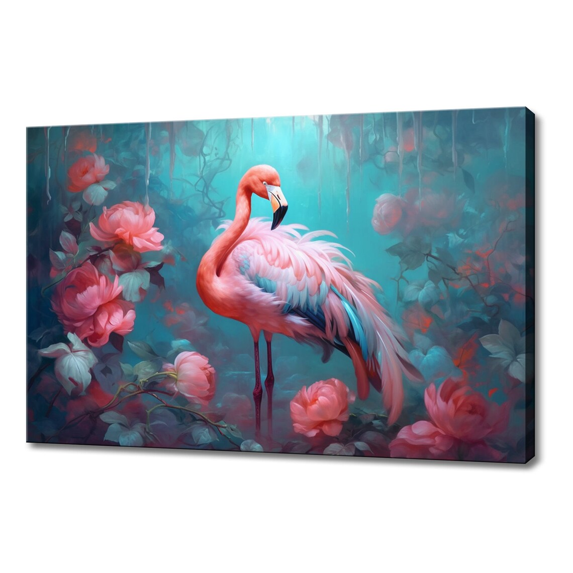 Pink Flamingo Among Roses Teal Lagoon Dreamy Tropical Bird Art Poster