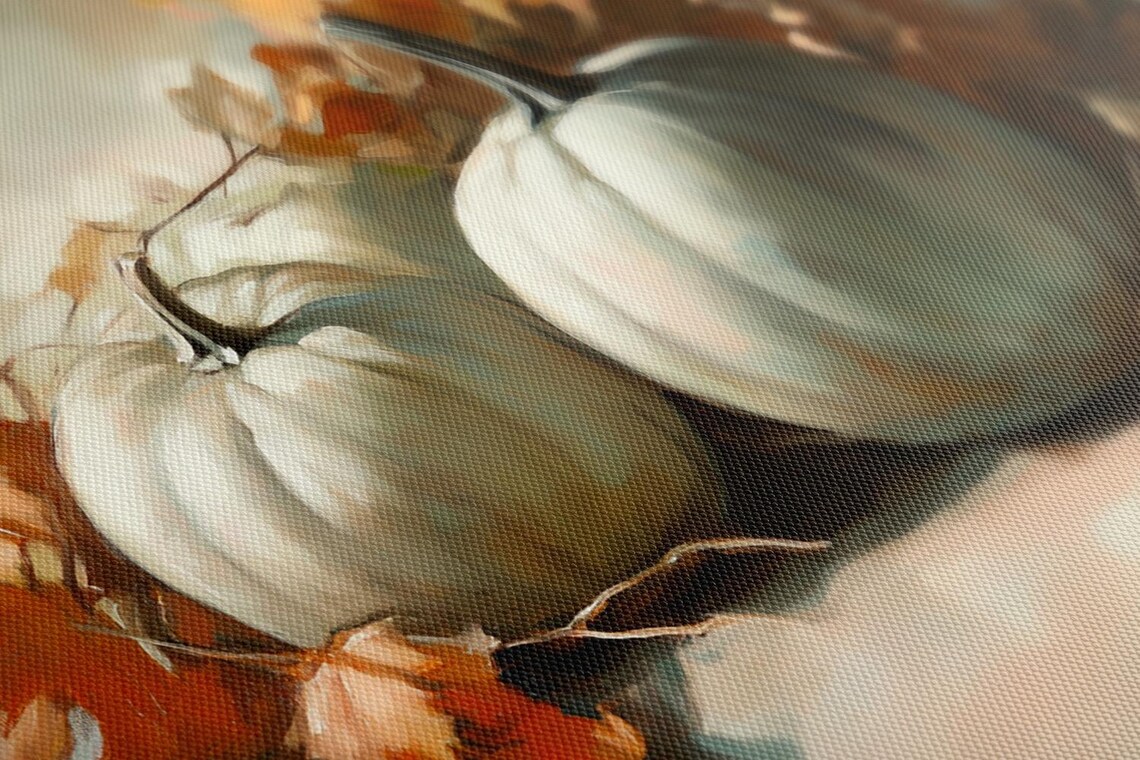 White Pumpkins Autumn Leaves Rustic Still Life Cozy Fall Harvest Painting Poster - Image 2