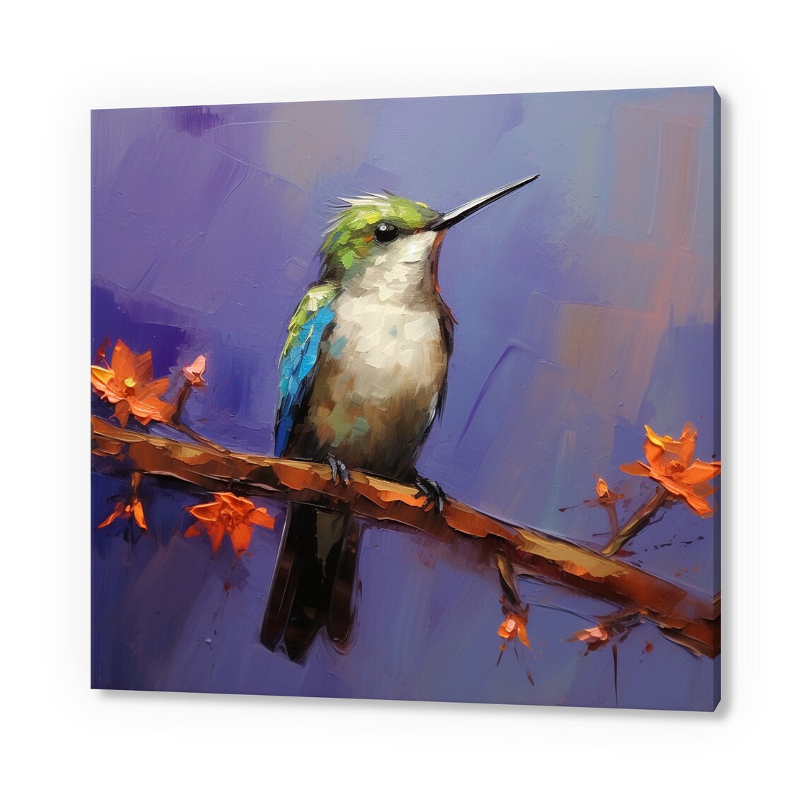 Hummingbird Perched On Blossom Branch Purple Background Bird Poster
