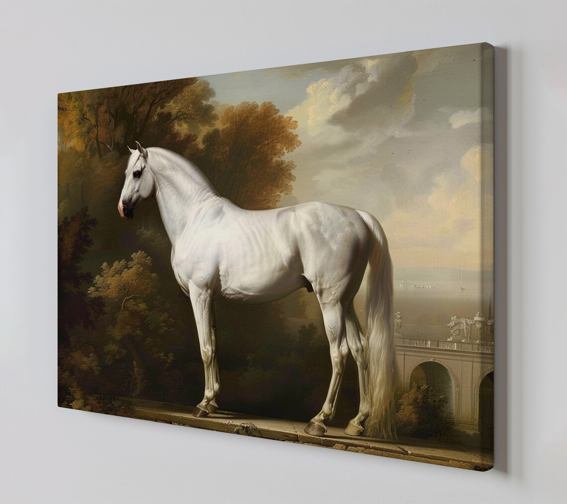Vintage White Horse Art Print, Home Office Decor - Image 3
