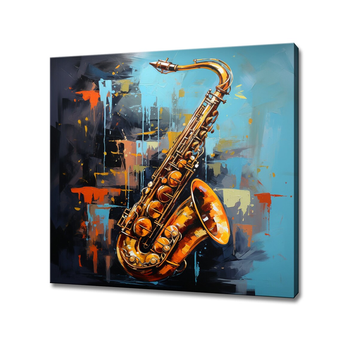 Golden Saxophone Abstract Blue Orange Brushstroke Jazz Studio Art Print