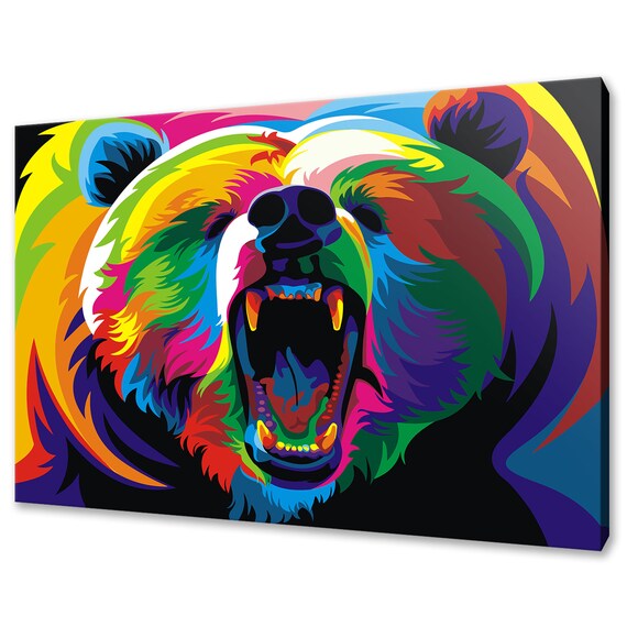 Roaring Bear Pop Art Rainbow Colors Black Background Wildlife Wall Poster