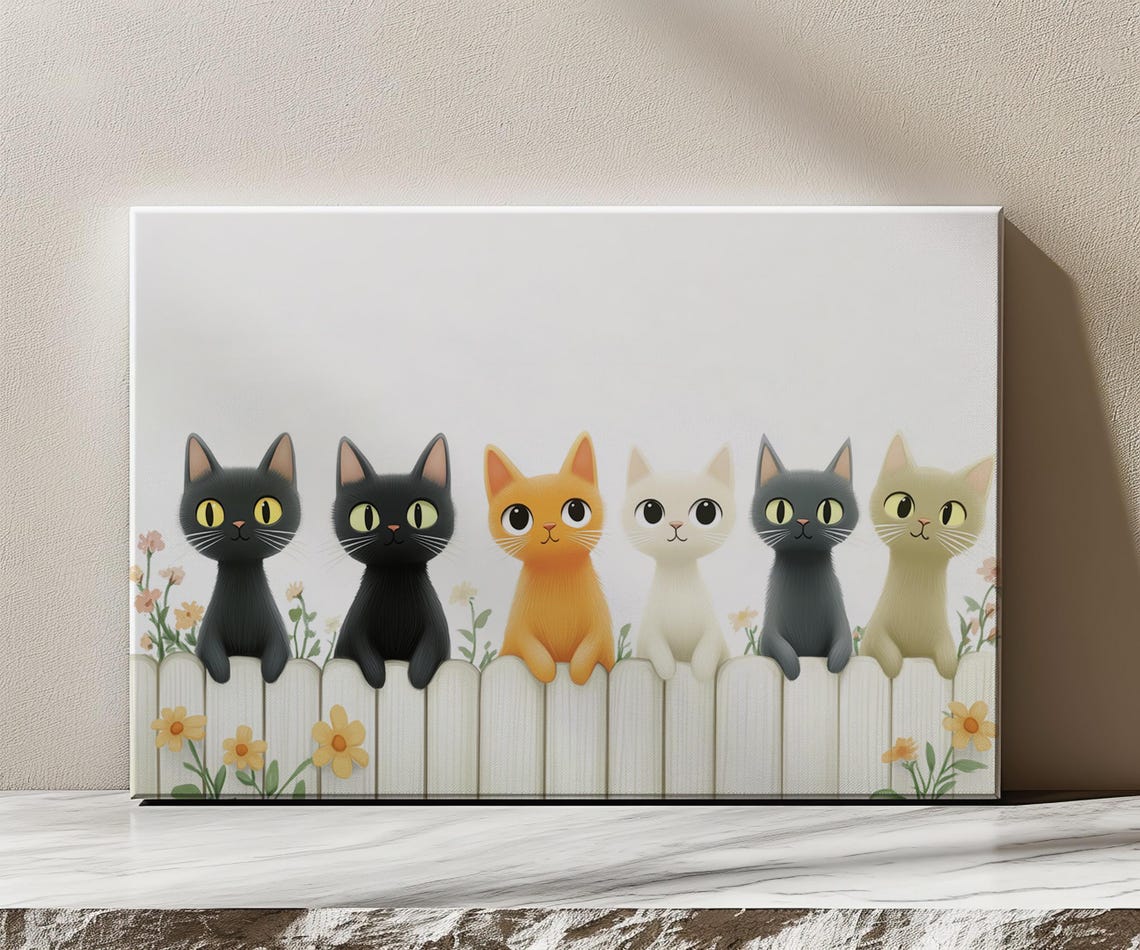 Six Cute Cartoon Cats Sitting On White Picket Fence Nursery Poster