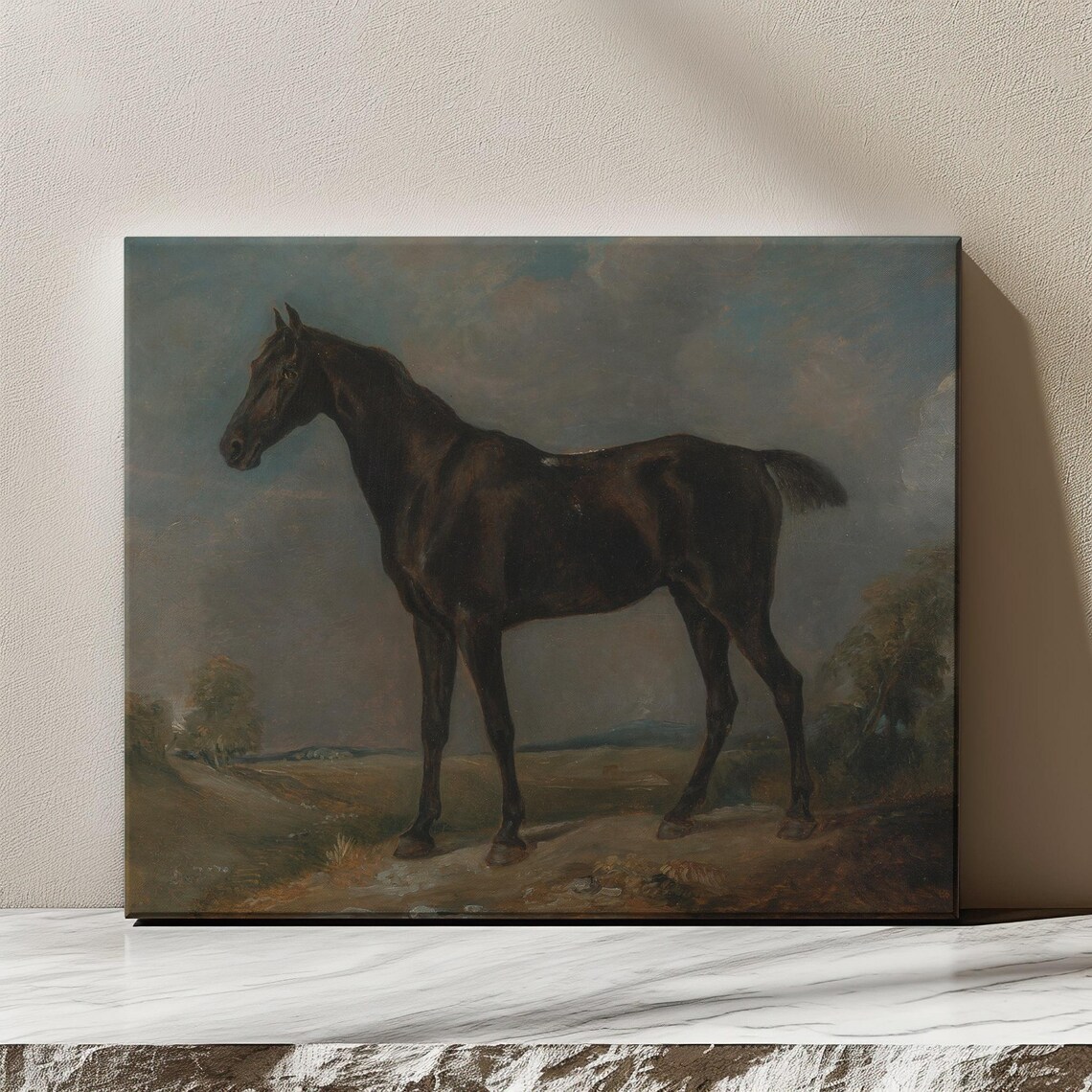 Classic Black Horse Standing Oil Painting Equestrian Vintage Wall Art
