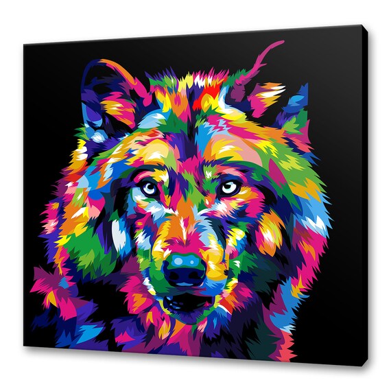 Colorful Wolf Pop Art Portrait Neon Rainbow Bold Black Background Art Poster
