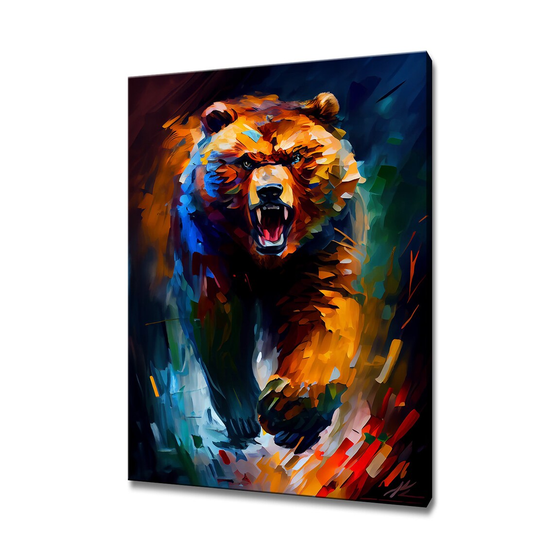 Roaring Grizzly Bear Dark Oil Painting Fierce Wildlife Art Poster
