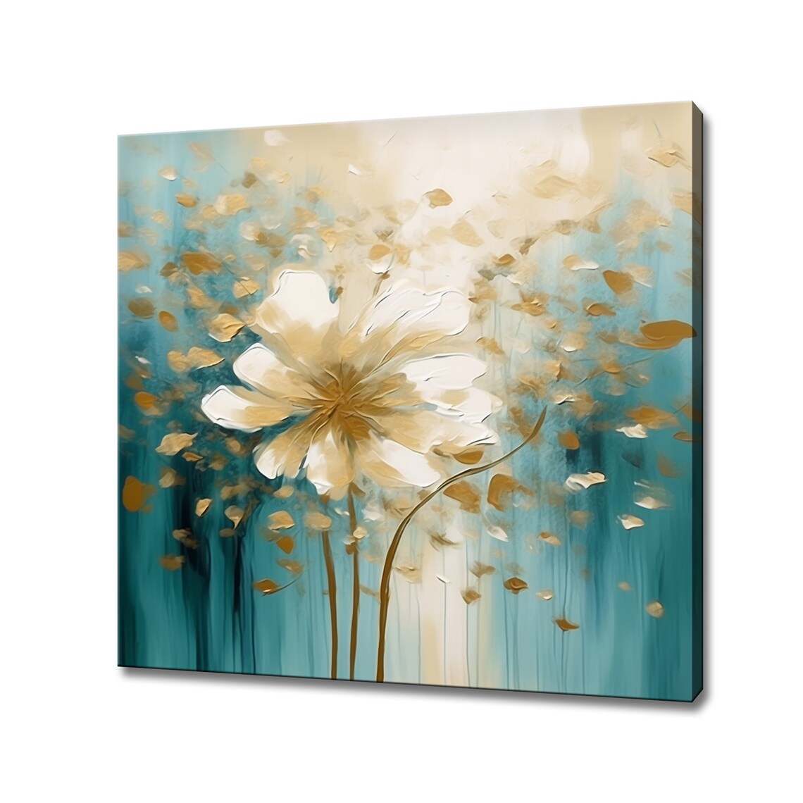Flower In Bloom Oil Painting Style Print Art Picture Wall Hanging Neutral Pastel Turquoise Beige Floral Wall Art Living Room Decor