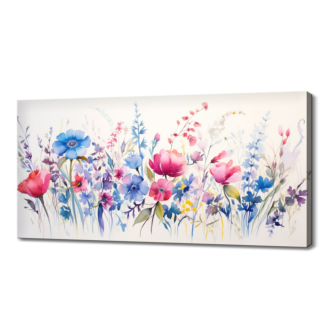 Blue Pink Spring Wildflowers Meadow Watercolor Floral Art Poster