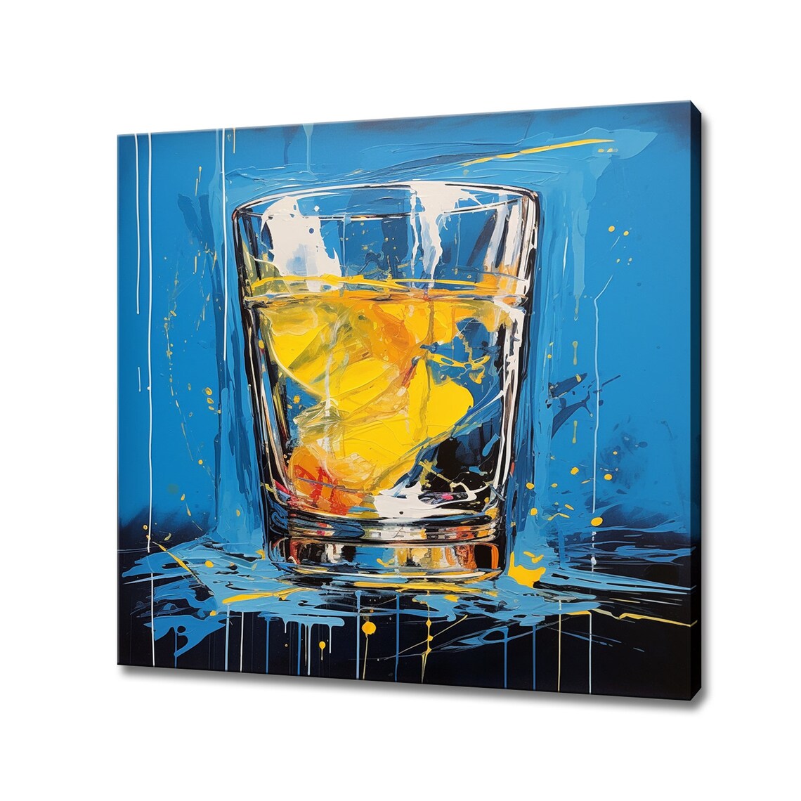 Golden Whiskey Tumbler Ice Electric Blue Drip Bar Wall Art Poster