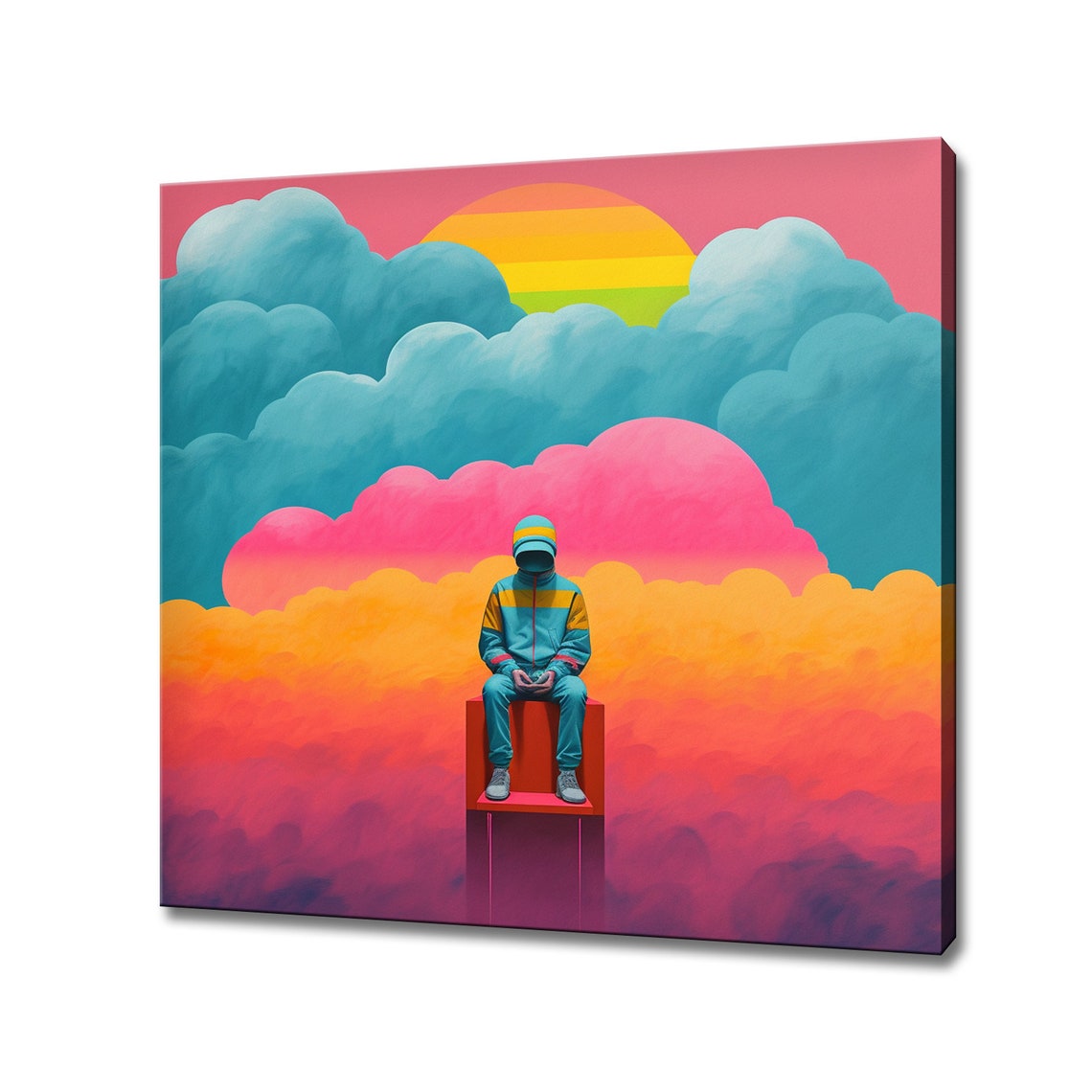 Psychedelic Person Sitting Among Pastel Clouds Sunset Art Poster