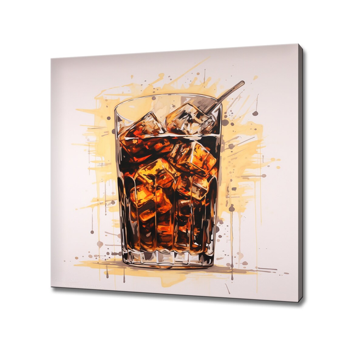 Amber Cola Cocktail Glass Over Ice Watercolor Splash Art Poster