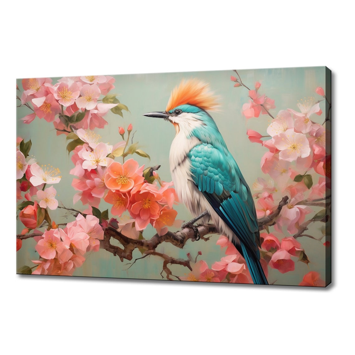 Crested Turquoise Songbird Orange Plume Pink Blossom Wall Art Poster