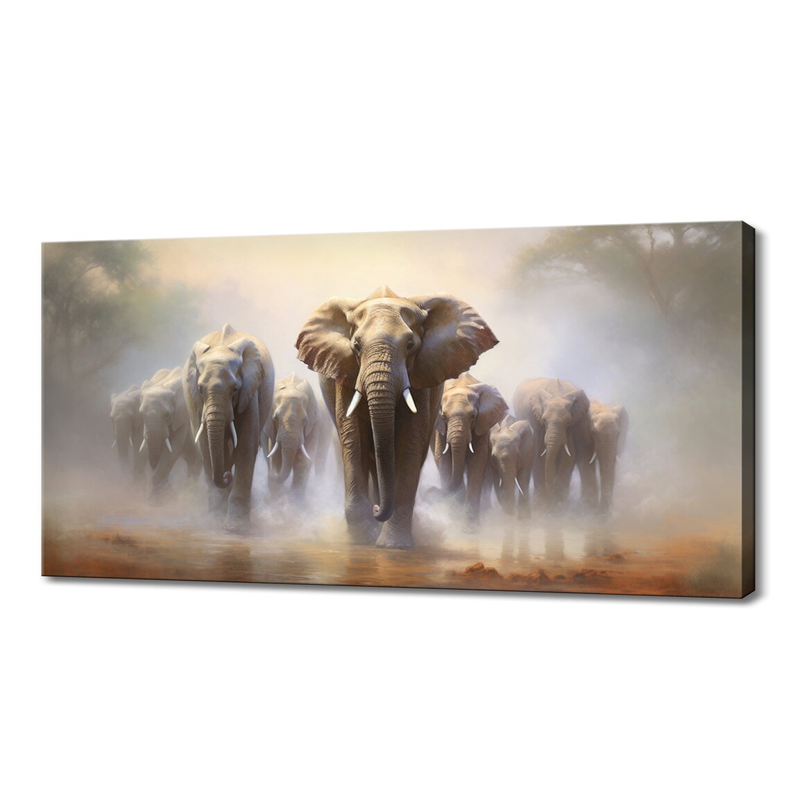 Elephant Herd Walking Misty Savanna African Wildlife Art Poster