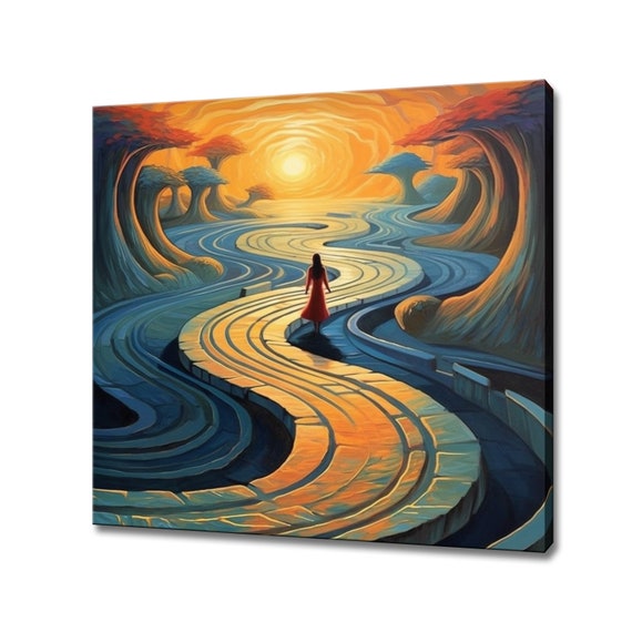 Psychedelic Abstract Landscape Woman Walking Towards Sunset Print Colourful Fantasy Retro Design Print Surreal Abstract Wall Art