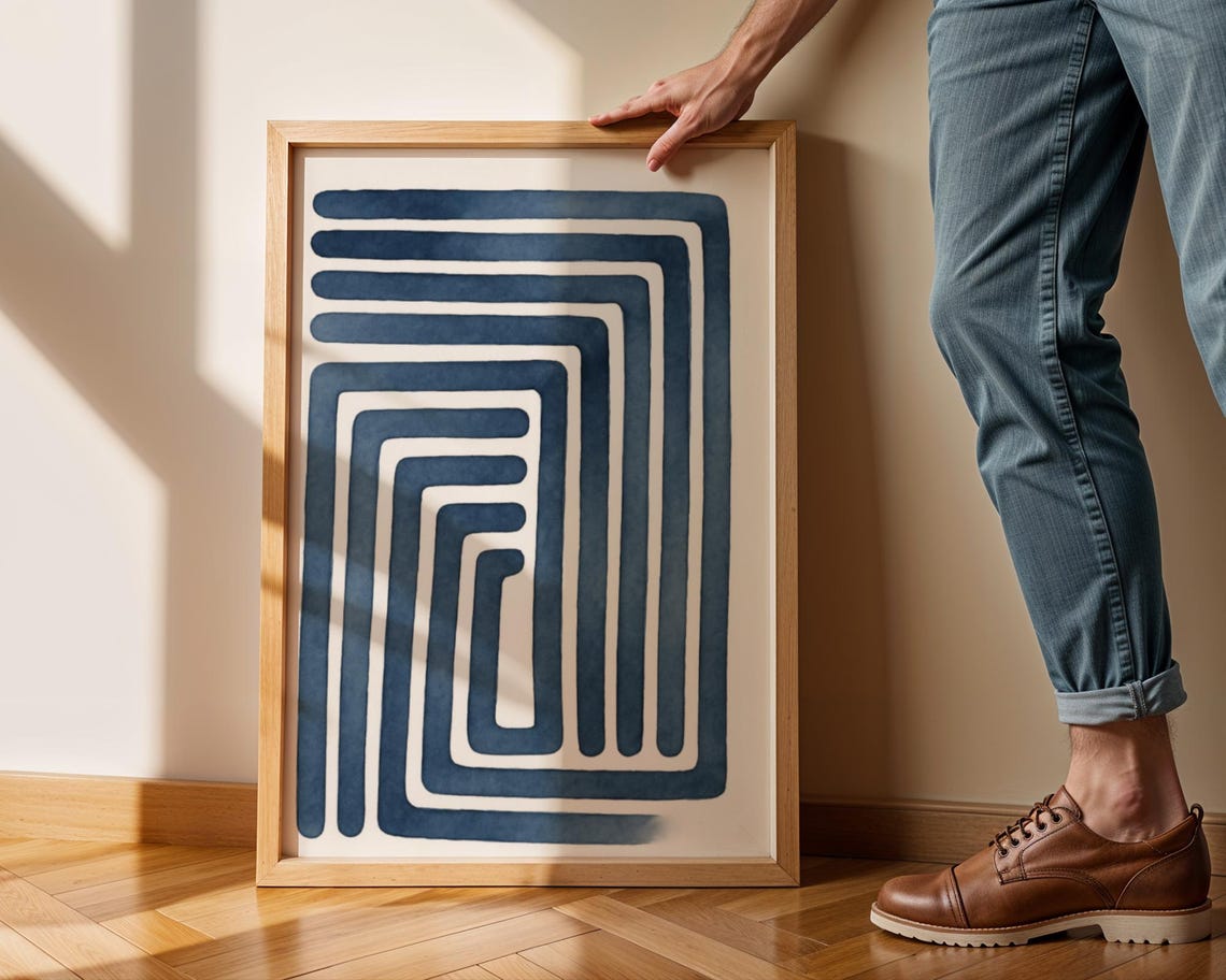 Navy Blue Minimalist Line Art Geometric Wabi Sabi Print