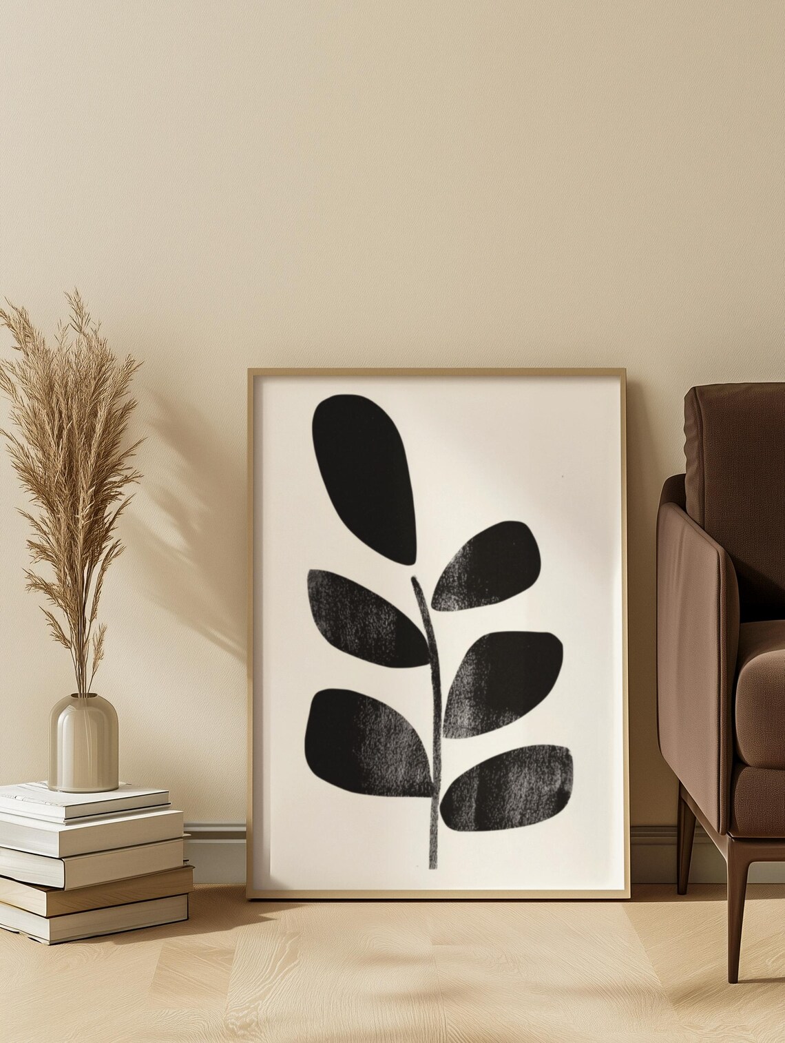 Mid Century Modern Leaf Print Beige Abstract Wall Art