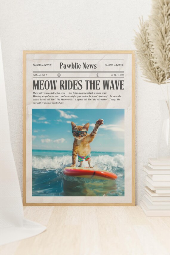 Meow Rides the Wave Funny Vintage Surfing Cat Newspaper Art Poster