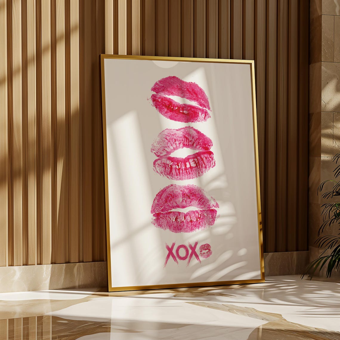 Pink Lips Kiss Marks XOXO Poster Trendy Retro Pop Coquette Gift