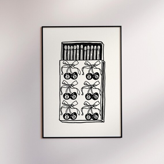 Vintage Matchbox 8 Ball Cherries Bows Black White Art Poster