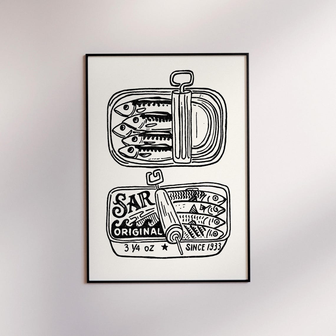 Retro Sardine Tin Original Art Poster Vintage Mediterranean Kitchen