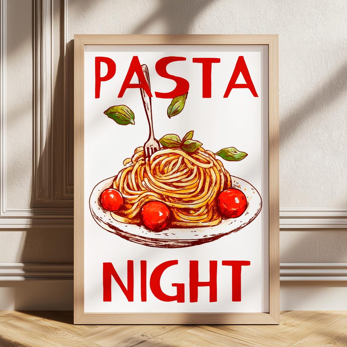 Pasta Night Spaghetti Illustration Retro Kitchen Food Poster