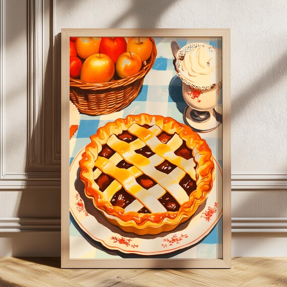 Lattice Top Apple Pie Retro Kitchen Food Illustration Poster