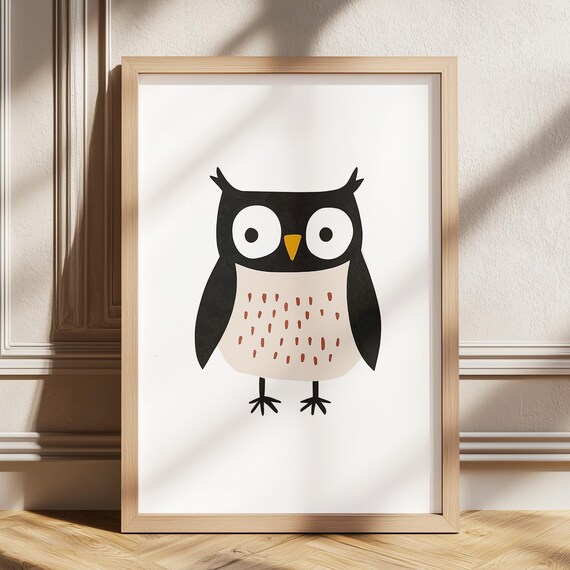 Cute Owl Black Cream Minimalist Nursery Kids Animal Art Poster